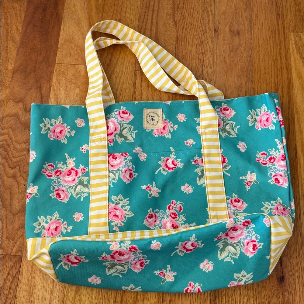 Floral Tote Bag with Yellow Stripes
